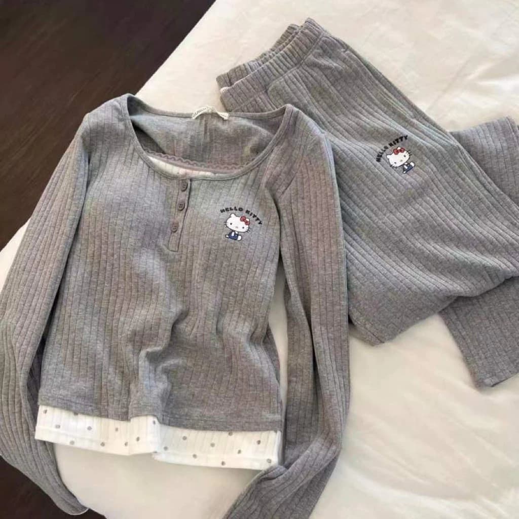 Order - Set Bộ Áo Thun Tăm Kèm Quần Dài Kitty Dễ Thương, Xinh Xắn