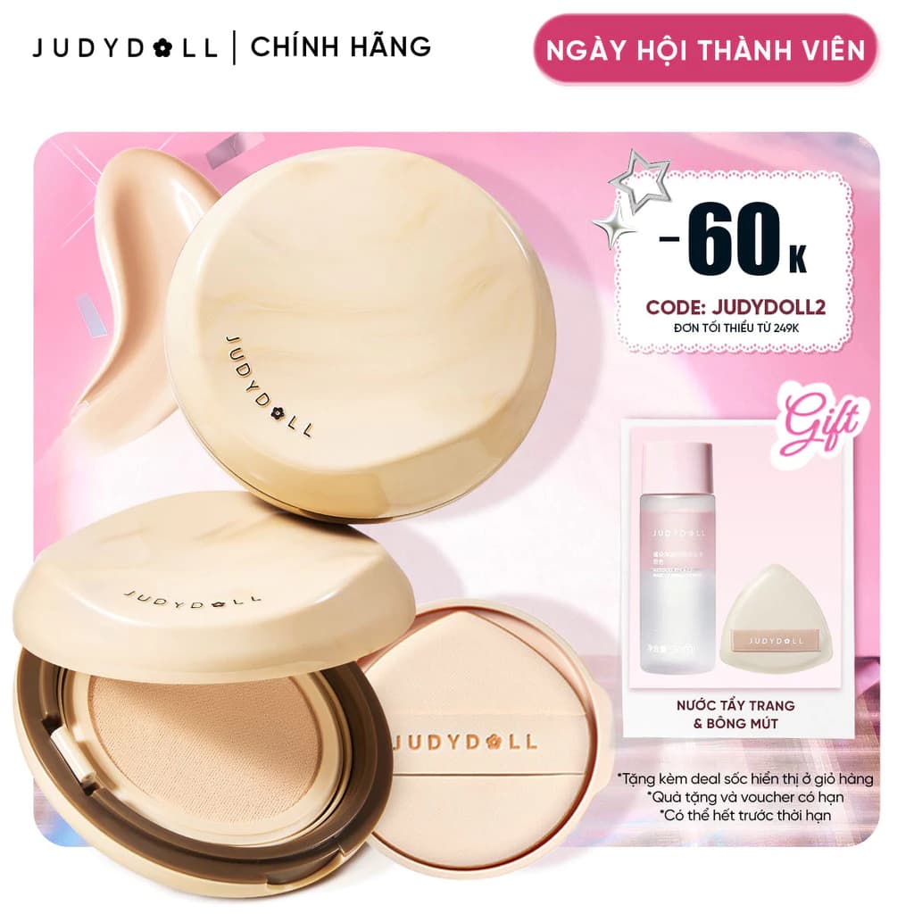 JUDYDOLL COMBO LÕI + FULLSIZE Phấn Nước Long Wearing Cushion Che Phủ Tiệp da Tự nhiên Kiềm Dầu Lâu Trôi 14g