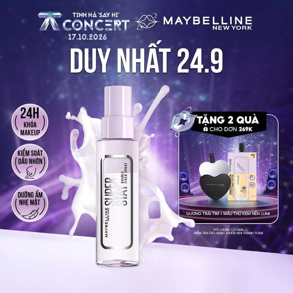 Xịt khóa nền dưỡng ẩm Superstay Double Fixer Spray giữ lớp trang điểm lâu trôi dưỡng ẩm 24h Maybelline Newyork