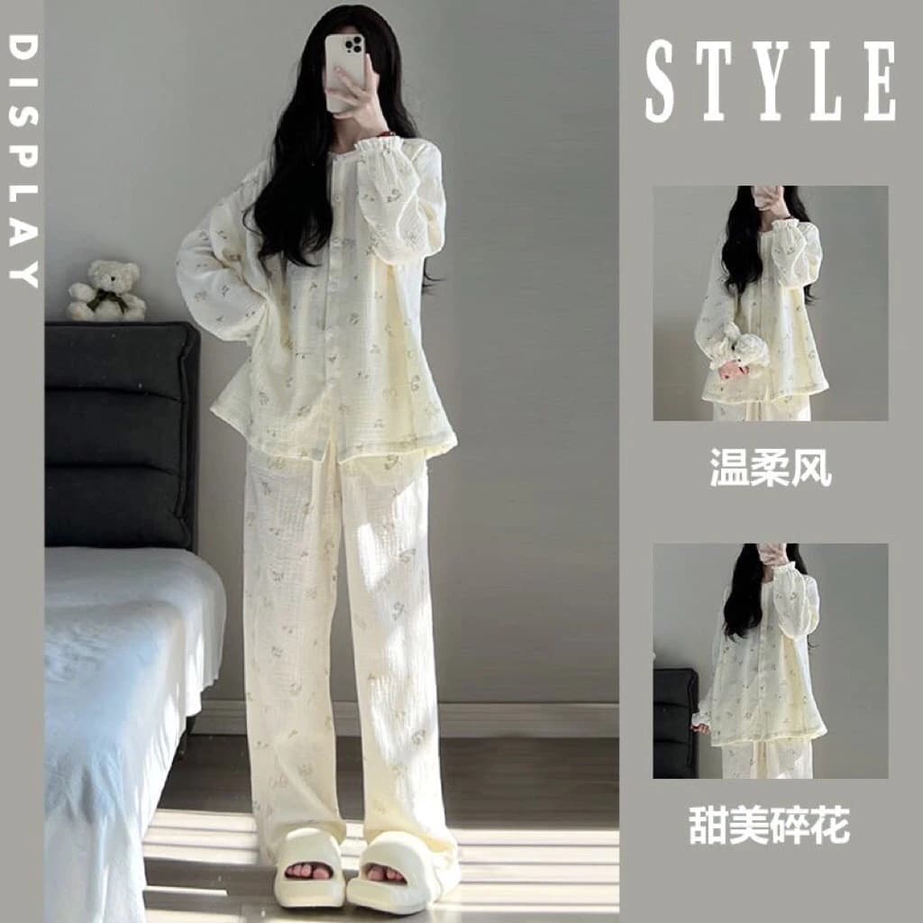 Hannie_Oder-Bộ ngủ thu đông hoạ tiết hoa cổ tròn tiểu thư xinh xắn mẫu mới  hàng QC