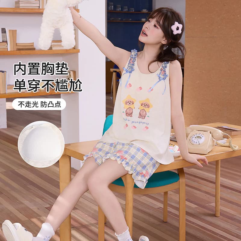 Có Miếng Lót Ngực Bộ Đồ Ngủ Nữ Bộ Đồ Ngủ Mùa Hè Nhẹ Thoải Mái Có Thể Thở Tốt Quần Short Không Tay Bộ 2 Món Có Thể Mặc Bên Ngoài Hoạt Hình Dễ Thương Homewear