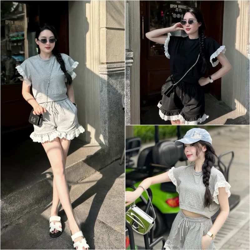 Set bộ basic trơn phối ren  Xinh lam a K hề kén tuổi đau a  Chất umi bao