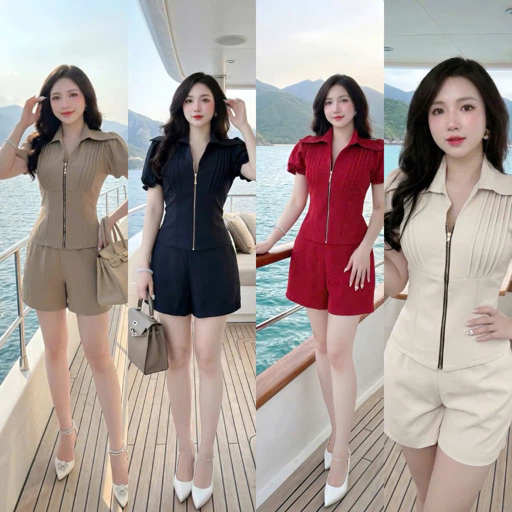 Set Bộ Nữ Short Khóa Kéo Cổ Vest Tay Phồng Form Ôm Tôn Dáng Chất Chất Vải Mát LANO STORE