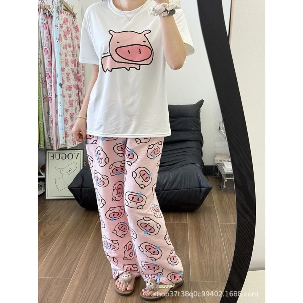 Dễ Thương In Hình Gà Nữ Pyjama Bộ Mùa Hè Nhẹ Rời Phù Hợp Với Homewear Quần Dài Thường Ngày Phòng Chờ Mặc