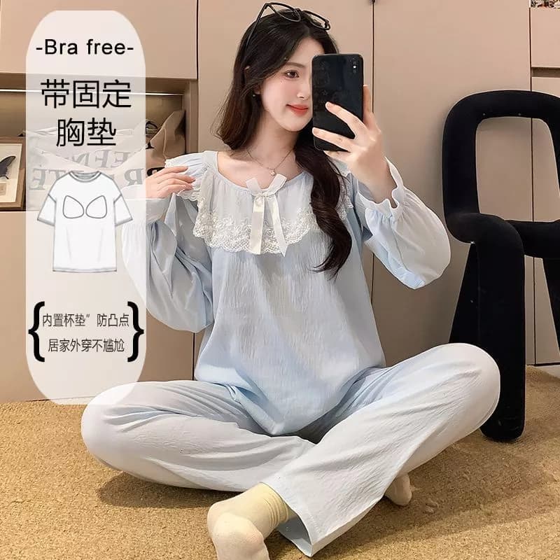Bộ Đồ Ngủ Cotton Mây Nữ Xuân Thu Có Miếng Lót Ngực Quần Dài Tay Mỏng Phong Cách Homewear Phù Hợp Với