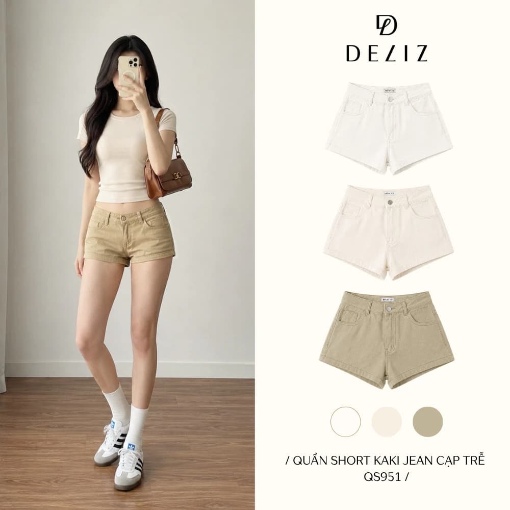 Quần short nữ form ôm cạp trễ chất kaki jean co giãn dễ phối đồ DELIZ QS951 (đã cắt sẵn khuy)