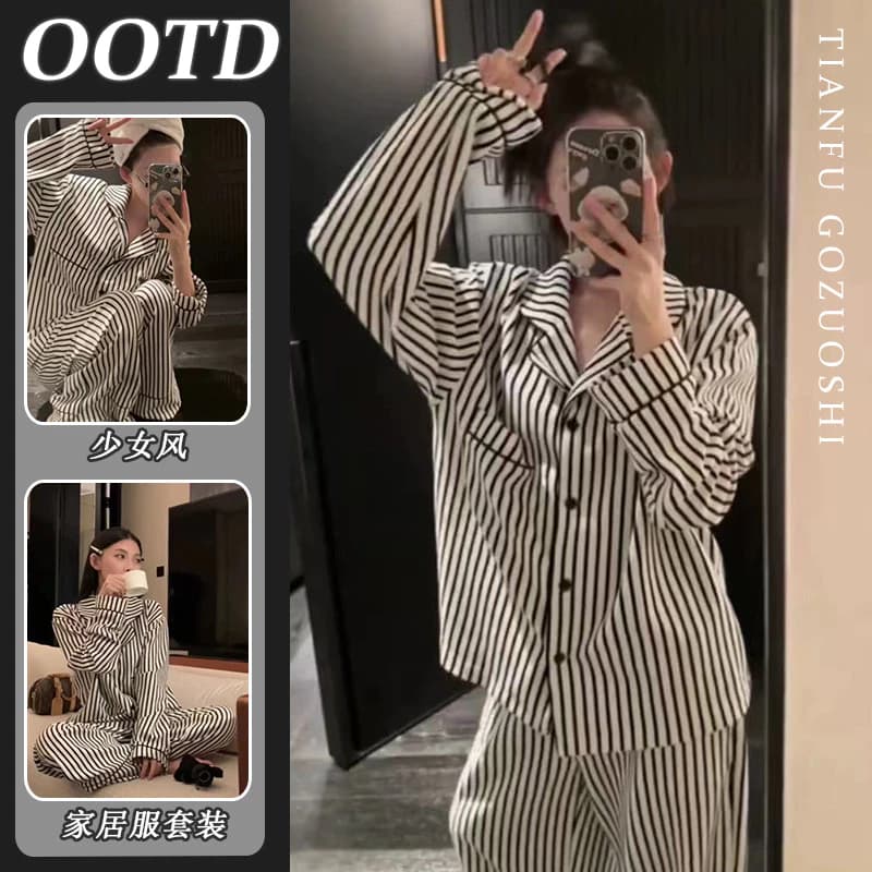 Thoải Mái Nguyên Chất Cotton Hàn Quốc Bộ Hoạt Hình Cổ Chữ V Quần Dài Nữ Váy Ngủ