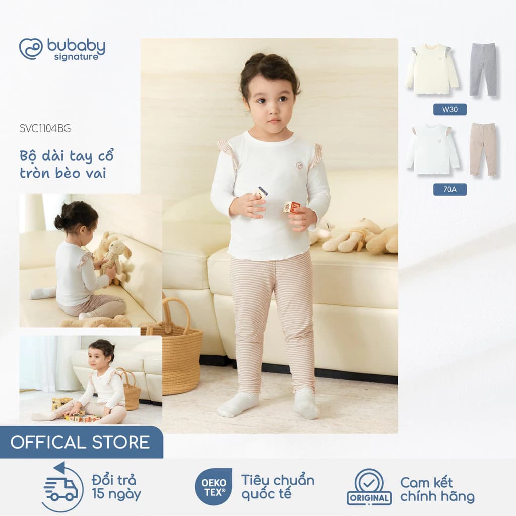 Bộ quần áo dài tay bé gái bèo vai BU Baby, bộ dài gái thu đông mặc nhà đi học ấm áp | SVC1104BG