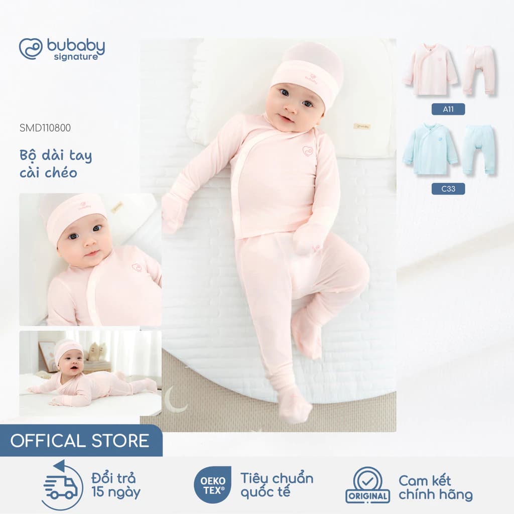 Bộ quần áo dài tay cài chéo basic BU Baby, bộ đồ sơ sinh thu đông, bộ đồ bé trai bé gái | SMD110800
