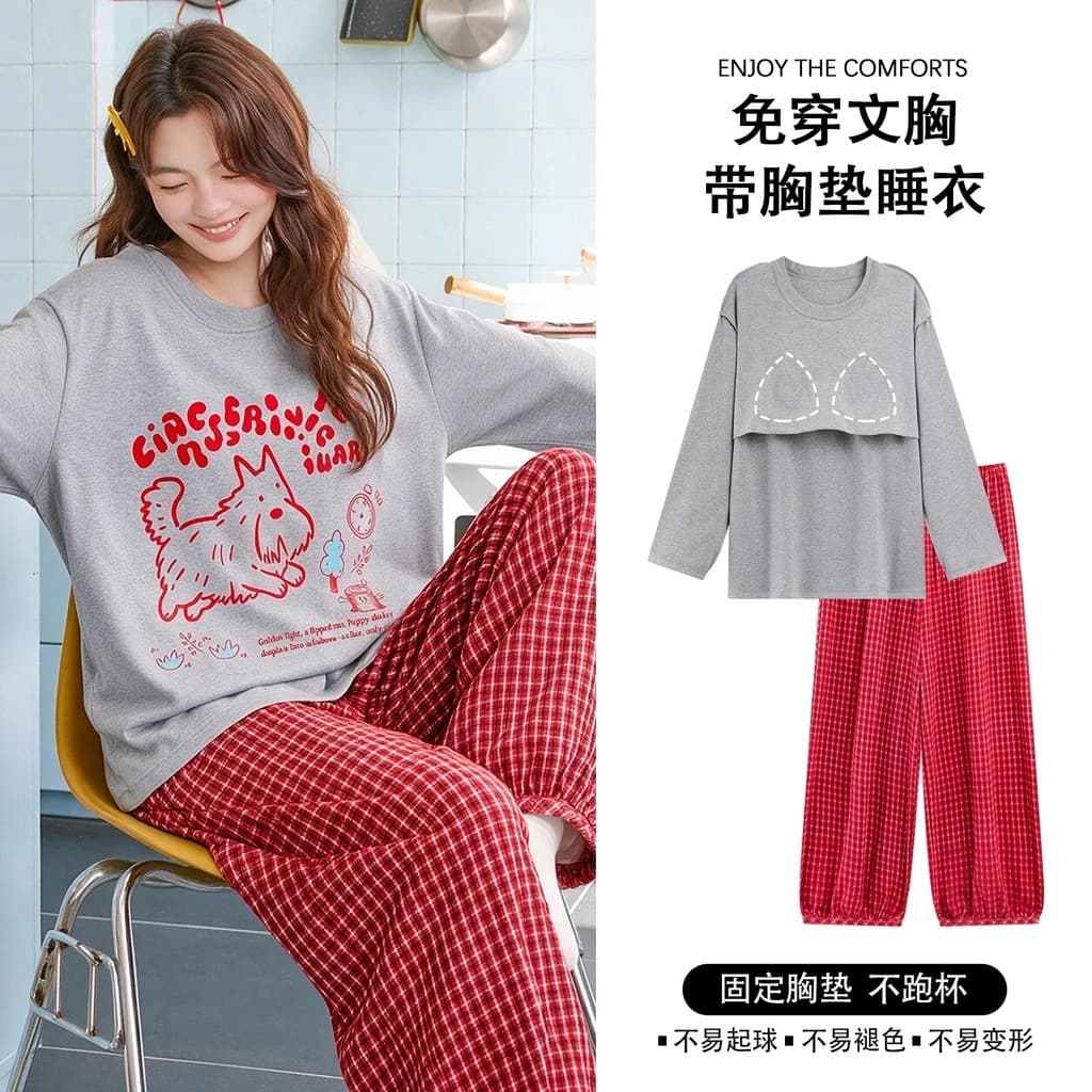 Bộ Đồ Ngủ Có Đệm Bộ Đồ Ngủ Nữ Bộ Thu Đông Tay Dài Đồ Ngủ Người Phụ Nữ Hoạt Hình Dễ Thương Mặc Ở Nhà