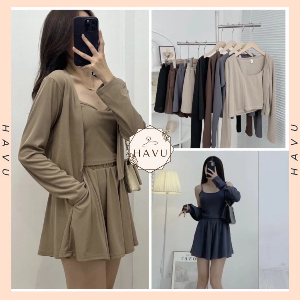 Sét 3 Món Hai Dây Croptop - Áo Cardigan Quần Giả Váy Xếp Ly Thời Trang Nữ Tính B47308