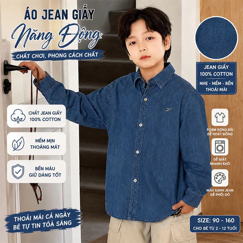 (16-45kg) Áo Sơ Mi Jean Bé Trai – Chất Jean Giấy 100% Cotton Mềm Nhẹ, Thoáng Mát Dễ Phối Đồ