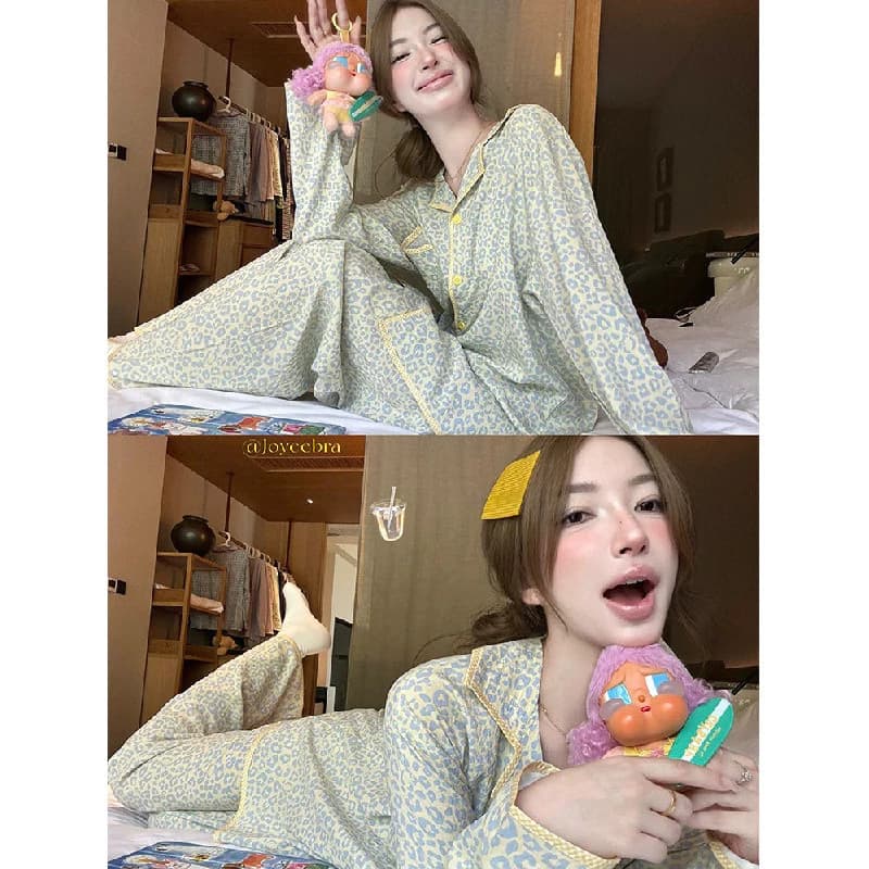 Bộ Đồ Ngủ Nữ Xuân Thu Dài Tay In Da Báo Cao Cấp Loungewear Phù Hợp Với