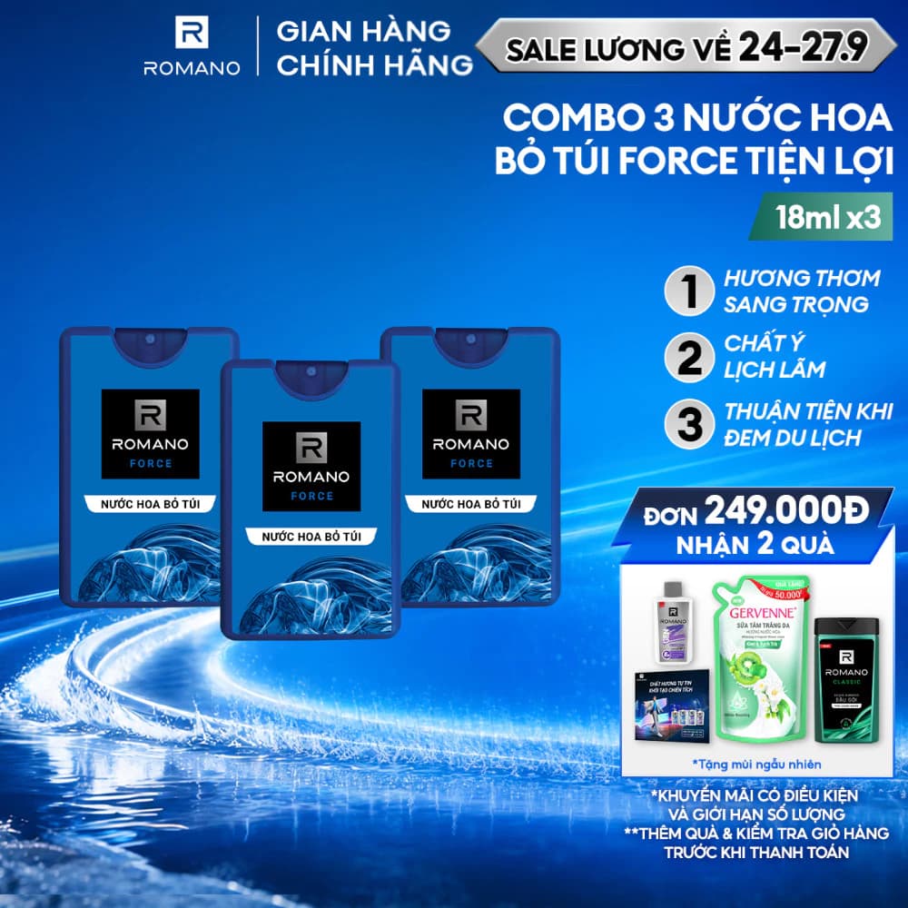 Combo 3 Nước hoa nam bỏ túi Romano Force tươi mát năng động 18ml/chai