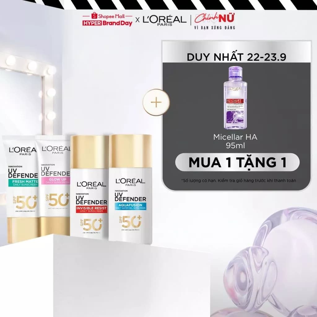 [CHỐNG NẮNG WATERGEL MỚI] Chống Nắng Phổ Rộng Thoáng Da, Kháng Mọi Tác Động UV Defender SPF 50+ PA++++ Loreal Paris 50ml