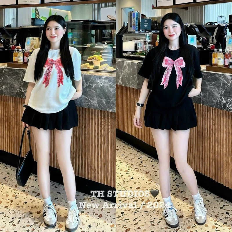 Set Nữ Áo thun + Chân váy Set bộ nơ mix cv  siu hot ,  Chất liệu umi xốp