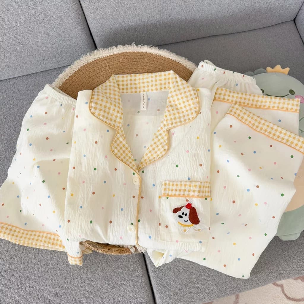 Bộ đồ ngủ nữ 3 món Pijama cotton Mềm mại thoải mái thoáng khí Thêu hoạ tiết dễ thương đồ mặc nhà 384