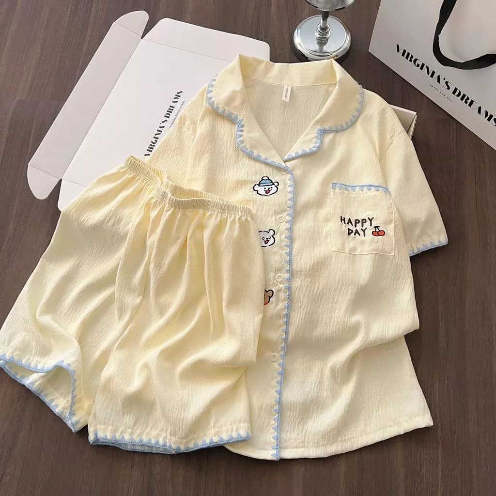 Hannie_Oder-Mùa Hè Mới Mây Cotton Cardigan Ve Áo Bộ Pyjama Ngọt Ngào Nữ Tay NgắnSleepwear mẫu mới hàng mới chuẩn QC