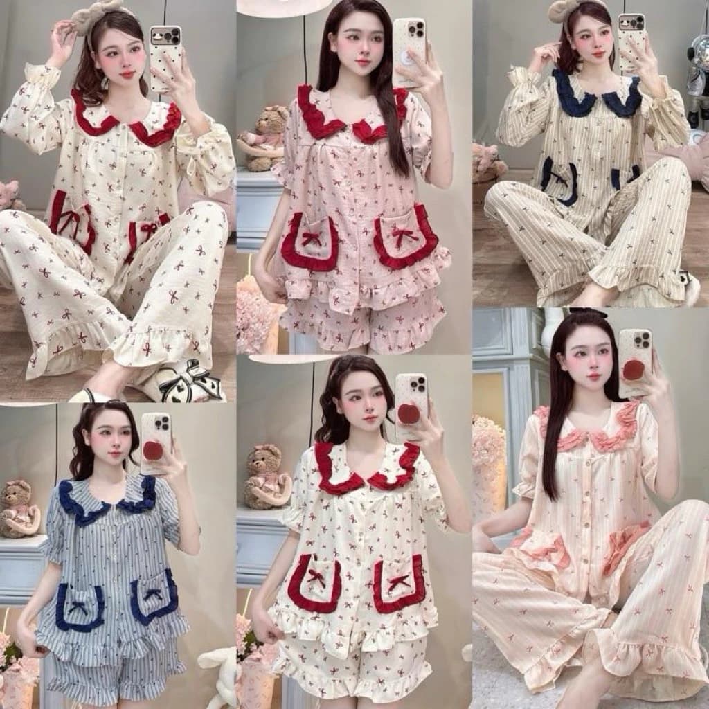 Bộ Mặc Nhà Cổ sen viền Bèo túi Nơ chất đũi Vân mây mềm đẹp dễ thương cho Nữ DD019 Sammy - Top