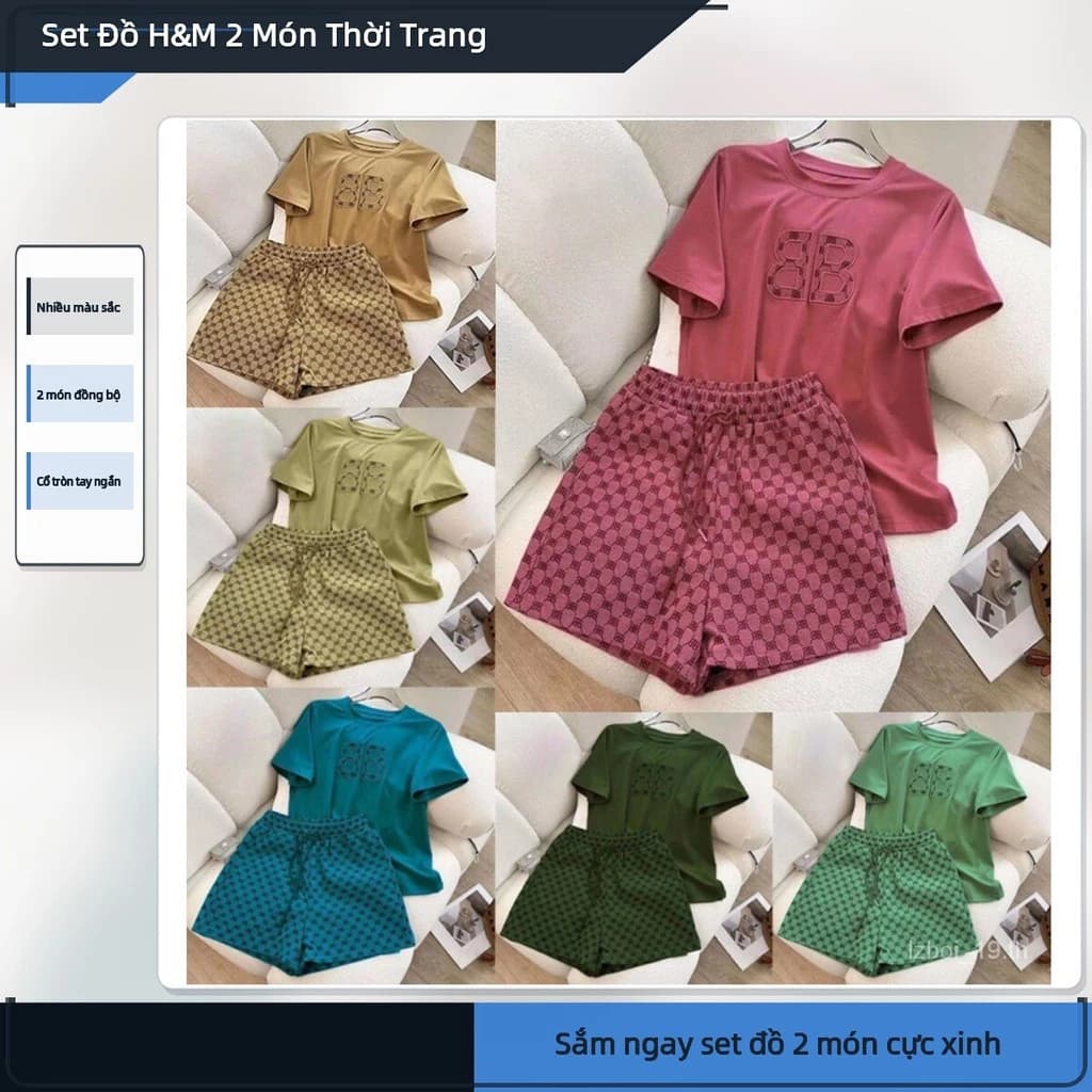 Bộ đồ thời trang nữ xu hướng mới thời trang Hàn Quốc áo thun ngắn tay thêu chữ kiểu dáng dễ phối bộ hai món