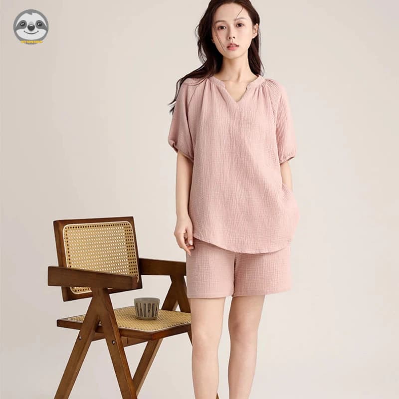 Quần Short ngắn tay cổ chữ V dành cho nữ Bộ đồ ngủ ngắn tay cổ chữ V / Bộ đồ ngủ thoáng khí phong cách mỏng mùa hè / Có thể mặc bên ngoài dáng rộng đơn giản