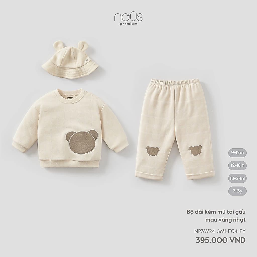 Nous Baby Bộ quần áo nỉ kèm mũ cho bé trai, bộ nỉ be nâu mềm xinh cho bé từ 8.5-15kg BST T7
