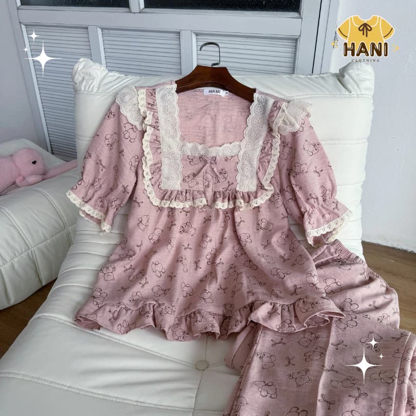 [BigSize40-90kg] Bộ Đồ Ngủ Nữ Pijama Chất Đũi Vân Mây Tiểu Thư HANI Thiết Kế Babydoll Đáng Yêu Chất Mềm Mịn Mát HK01