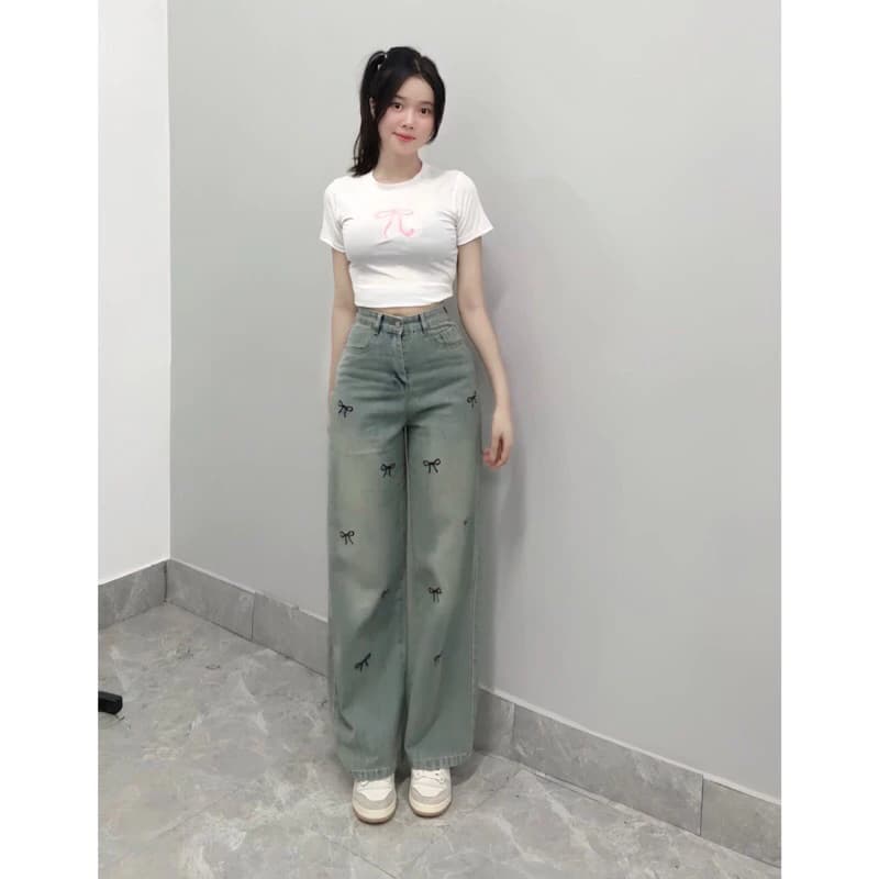 QUẦN JEANS NỮ THÊU NƠ MÀU DƠ BỤI DÀI có size  dành cho nấm lùn WJeans122