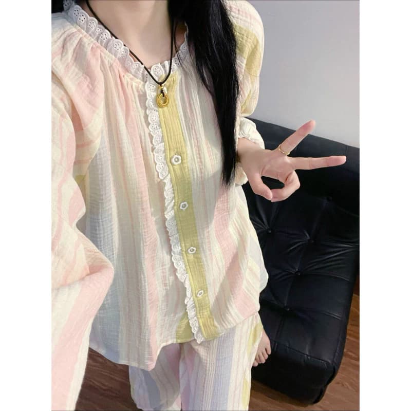 Mới Thoải Mái Mùa Xuân Thu Bộ Đồ Ngủ Nữ Mây Cotton Cầu Vồng Sọc Dài Tay Quần Rời