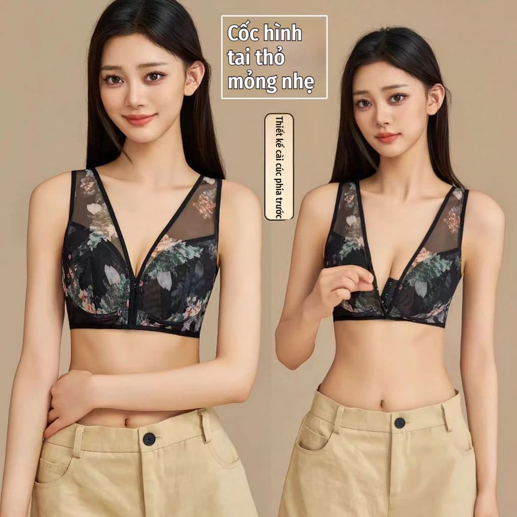 Áo Ngực Tai Thỏ Che Phẳng Ngực To Cài Trước Mút Mỏng Không Gọng Ren Hoa Không Đường May Thu Gọn Bên Hông Nâng Ngực