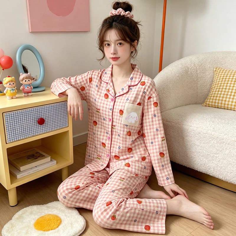[40-72.5kg] Bộ đồ ngủ thỏ dâu kẻ sọc đỏ nguyên chất dành cho nữ mềm mại thoải mái Quần dài tay Bộ đồ ngủ nữ