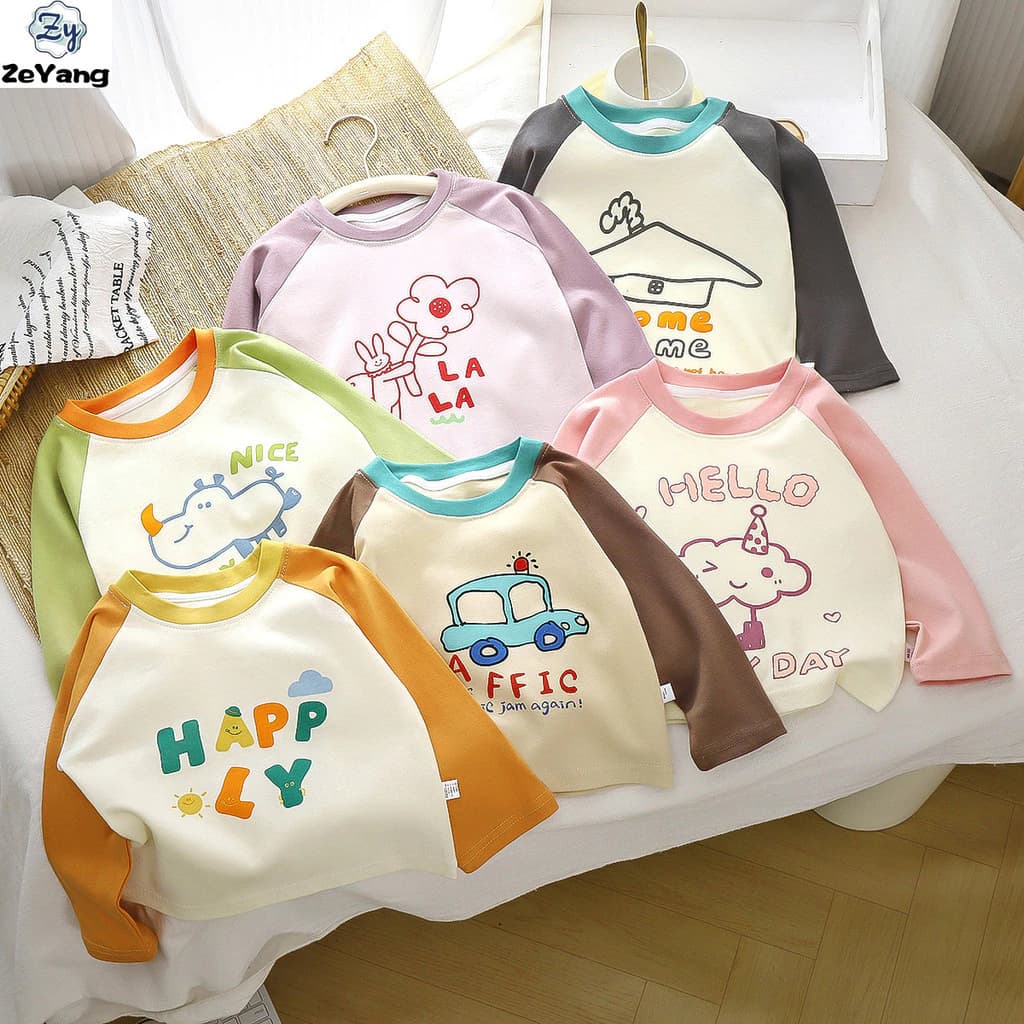 [ZY] 60-130 Hàng có sẵn Áo thun Cotton dài tay nguyên chất dành cho trẻ em Áo thun dài tay thường ngày thu đông cho bé Áo sơ mi đáy dệt kim Thời trang phù hợp cho trẻ em