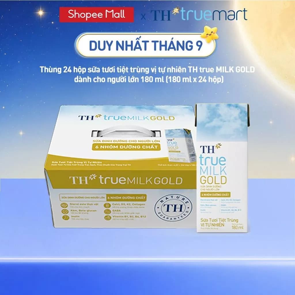 [LIVESTREAM] Thùng 24 hộp sữa tươi tiệt trùng vị tự nhiên TH true MILK GOLD dành cho người lớn tuổi 180ml