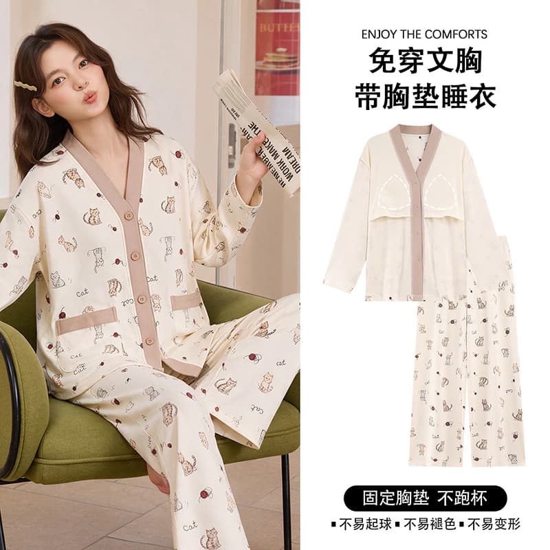 Bộ Đồ Ngủ Có Đệm Bộ Đồ Ngủ Nữ Bộ Thu Đông Tay Dài Đồ Ngủ Người Phụ Nữ Hoạt Hình Dễ Thương Báo In Trang Phục Nhà