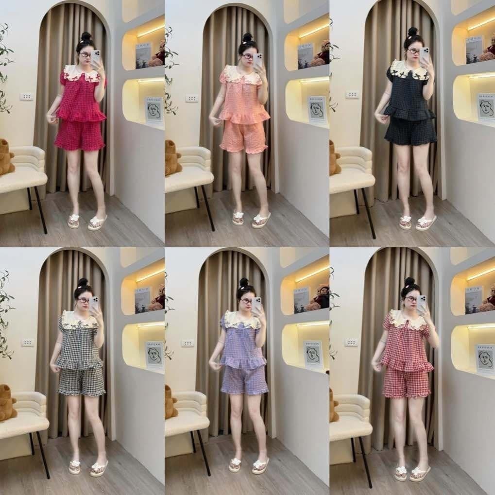 bộ đùi đũi kẻ CỔ BÈO  dáng xòe cao cấp loại 1