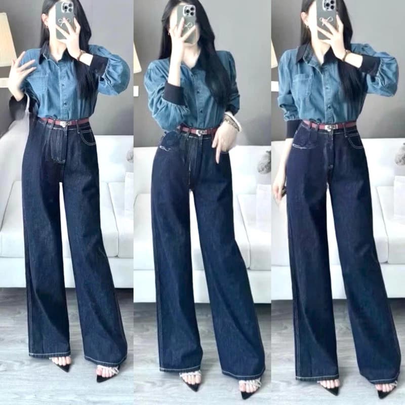 Quần Jeans Suông Rộng Màu Xanh Chỉ Trắng chất jeans Qc mềm WJeans037