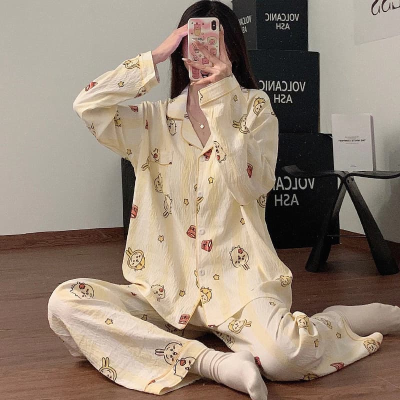Bộ Đồ Ngủ Có Đệm Bộ Đồ Ngủ Nữ Bộ Xuân Thu Dài Tay Đồ Ngủ Người Phụ Nữ Mặc Mặc Mặc Ban Đêm Dễ Thương