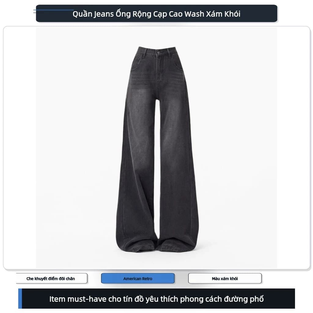Quần Jeans Ống Rộng Cạp Cao Wash Xám Khói Phong Cách American Retro Trẻ Trung