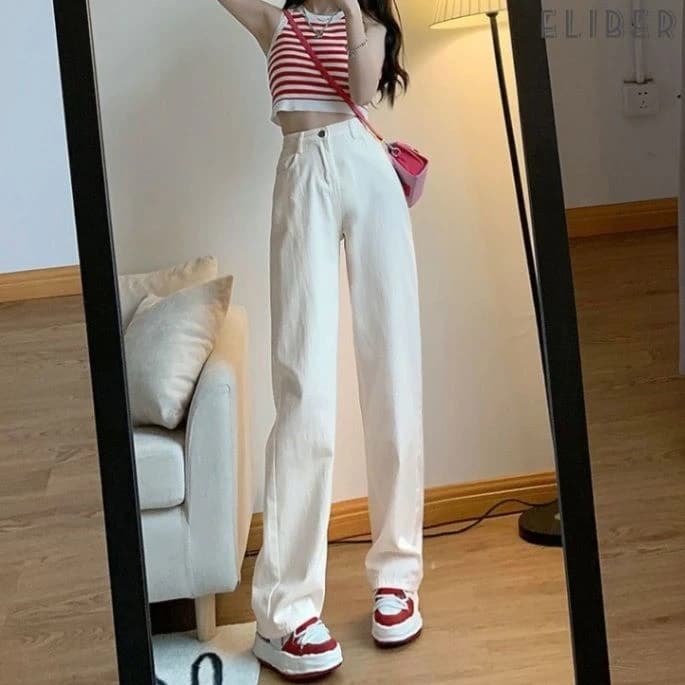 ELIBER Quần Bò ỐNg RộNg Màu Trắng Be Quần Ống Đứng Instagram Phong Cách Hàn Quốc Tôn Dáng Gầy Cạp Cao Thu Đông Cho Nữ