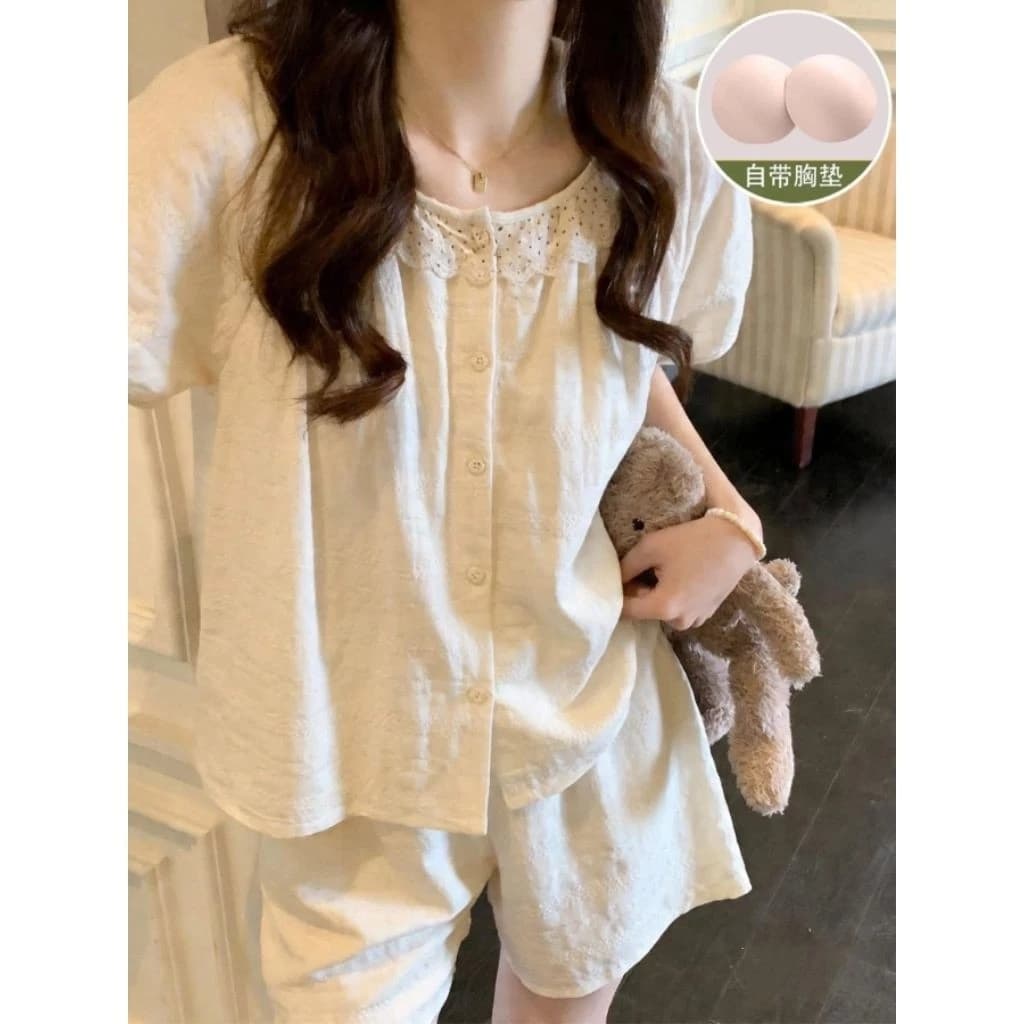 Set bộ ngủ viền bèo chất đũi nhăn mềm mát tiểu thư