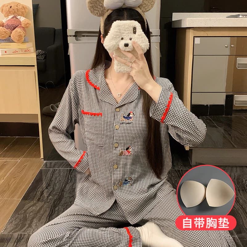 Bộ Đồ Ngủ Có Đệm Bộ Đồ Ngủ Nữ Bộ Xuân Thu Dài Tay Đồ Ngủ Người Phụ Nữ Mặc Mặc Mặc Ban Đêm Dễ Thương