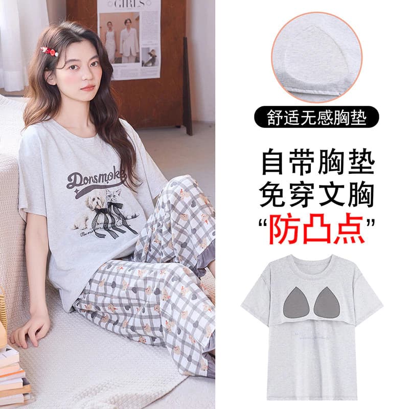 Có Miếng Lót Ngực Bộ Đồ Ngủ Nữ Cotton Bộ Đồ Ngủ Mùa Hè Thoải Mái Có Thể Thở Tốt Quần Crop Ngắn Tay Bộ 2 Mảnh Có Thể Mặc Bên Ngoài Phòng Chờ Hoạt Hình Dễ Thương