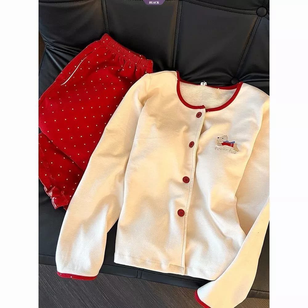 Order - Bộ Đồ Ngủ Nữ Dày Họa Tiết Chấm Bi Hoạt Hình, Ấm Áp Thoải Mái Cho Mùa Thu Đông