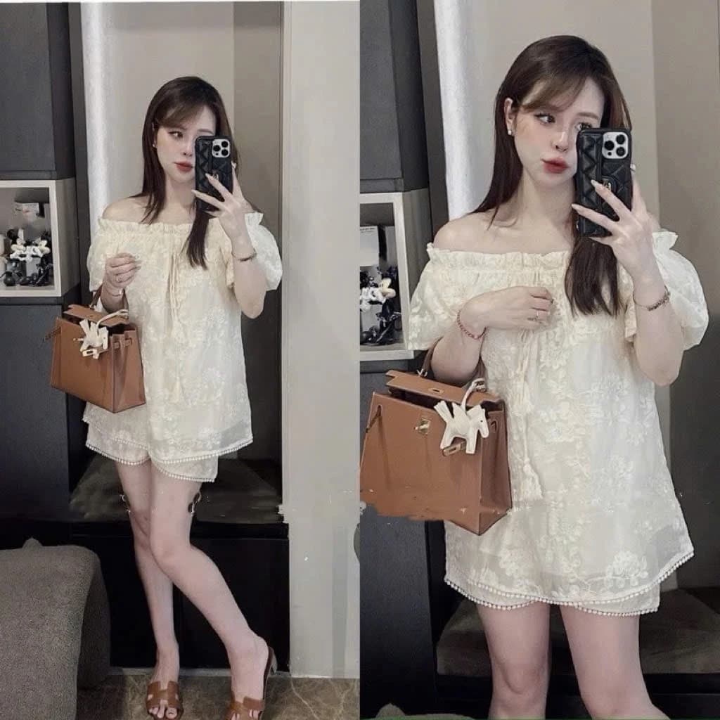 Set Trễ Vai Ren Hoa Nổi Tay bồng Mix Quần Đùi Cạp Chun Hàng 2 Lớp Siêu Xinh !! Chuẩn hàng QCCC 💯💯