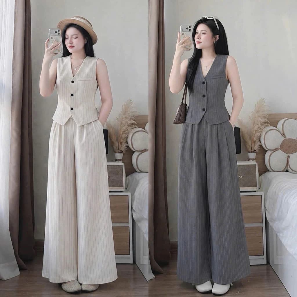 (MAY ĐẸP ) Set Áo Gile Kẻ Sọc kèm Quần Suông Dài Nữ, Chất đẹp Thời Trang có Bigsize NY NA STORE