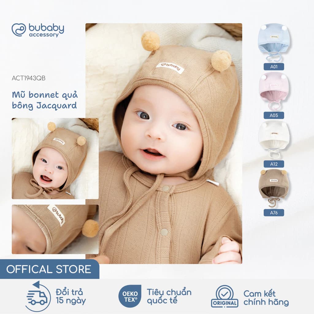 Mũ sơ sinh Bonnet Quả bông Jacquard BU Baby, mũ cho bé, quần áo sơ sinh, mũ thóp | ACT1943QB
