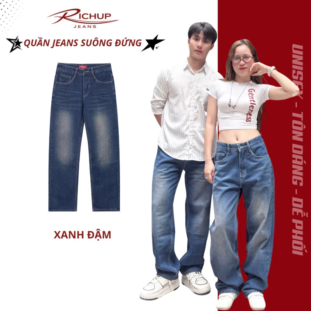 Quần jeans suông ống đứng cho nam và nữ RICHUP chất liệu denim bền đẹp form suông che khuyết điểm mặc là đẹp R011