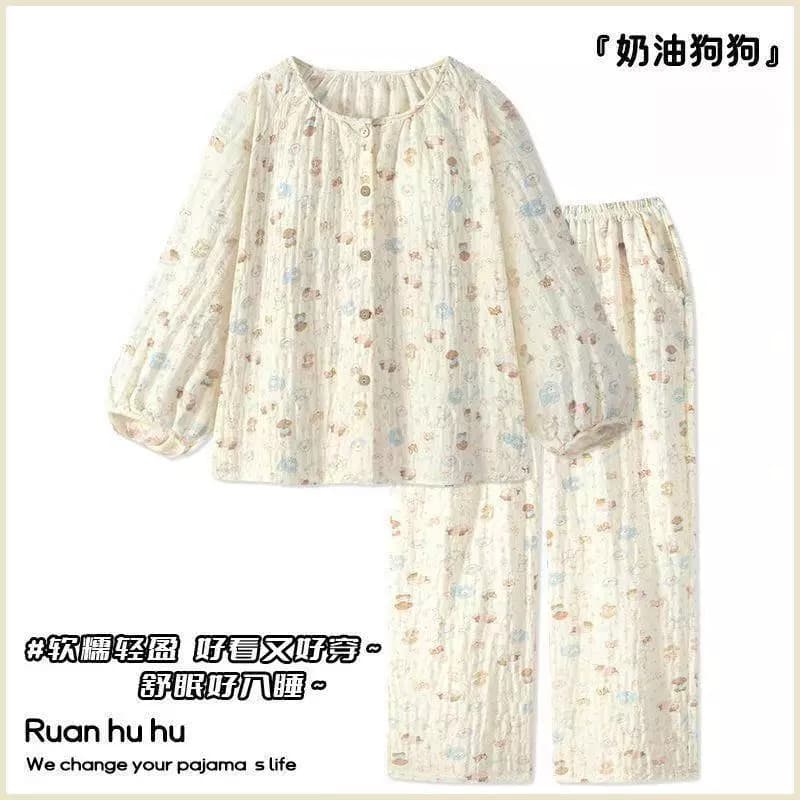 Phụ Nữ Mây Cotton Mỏng Dài Tay Pyjama Bộ Ngọt Ngào Dễ Thương Kẻ Sọc Tích Hợp Áo Ngực Pad Loungewear
