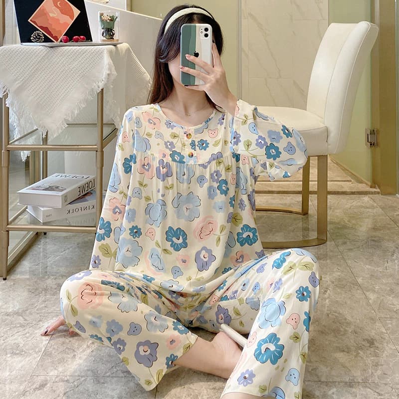 Bộ Đồ Ngủ Nữ Cotton Lụa Mùa Hè Ánh Sáng Thoải Mái Có Thể Thở Tốt Quần Dài Tay Bộ Đồ Ngủ Bộ 2 Món Có Thể We
