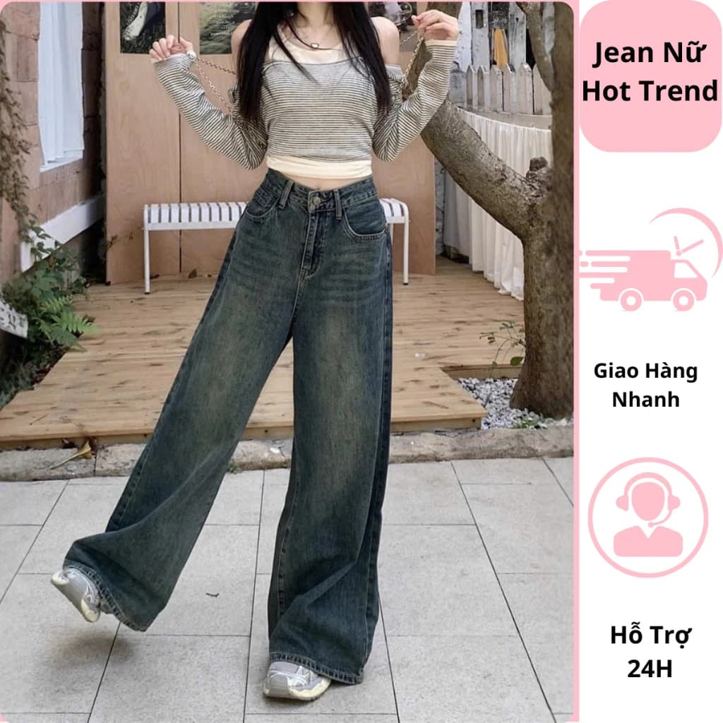 Quần jeans nữ ống suông lưng cao quan rốn quần bò nữ ống rộng chất vải QC loại 1 phối đồ siêu xinh - Nana Shop